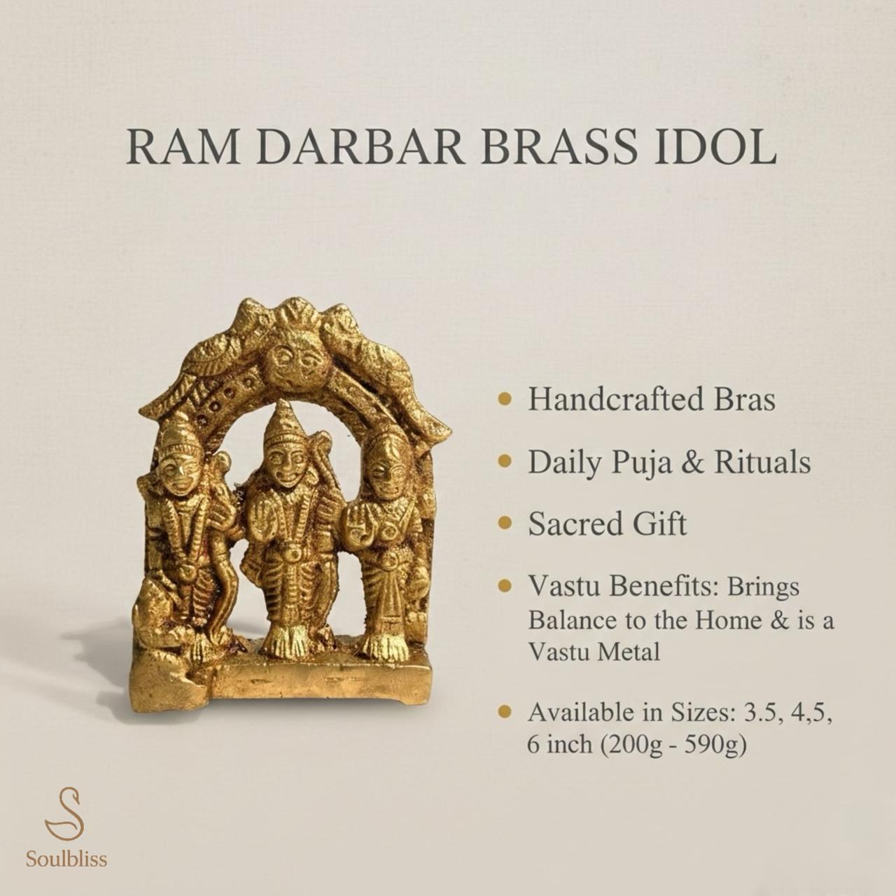Gold-colored Ram Darbar brass idol with product details on a beige background
