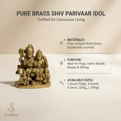 Pure Brass Shiv Parivaar Idol with product details on a beige background