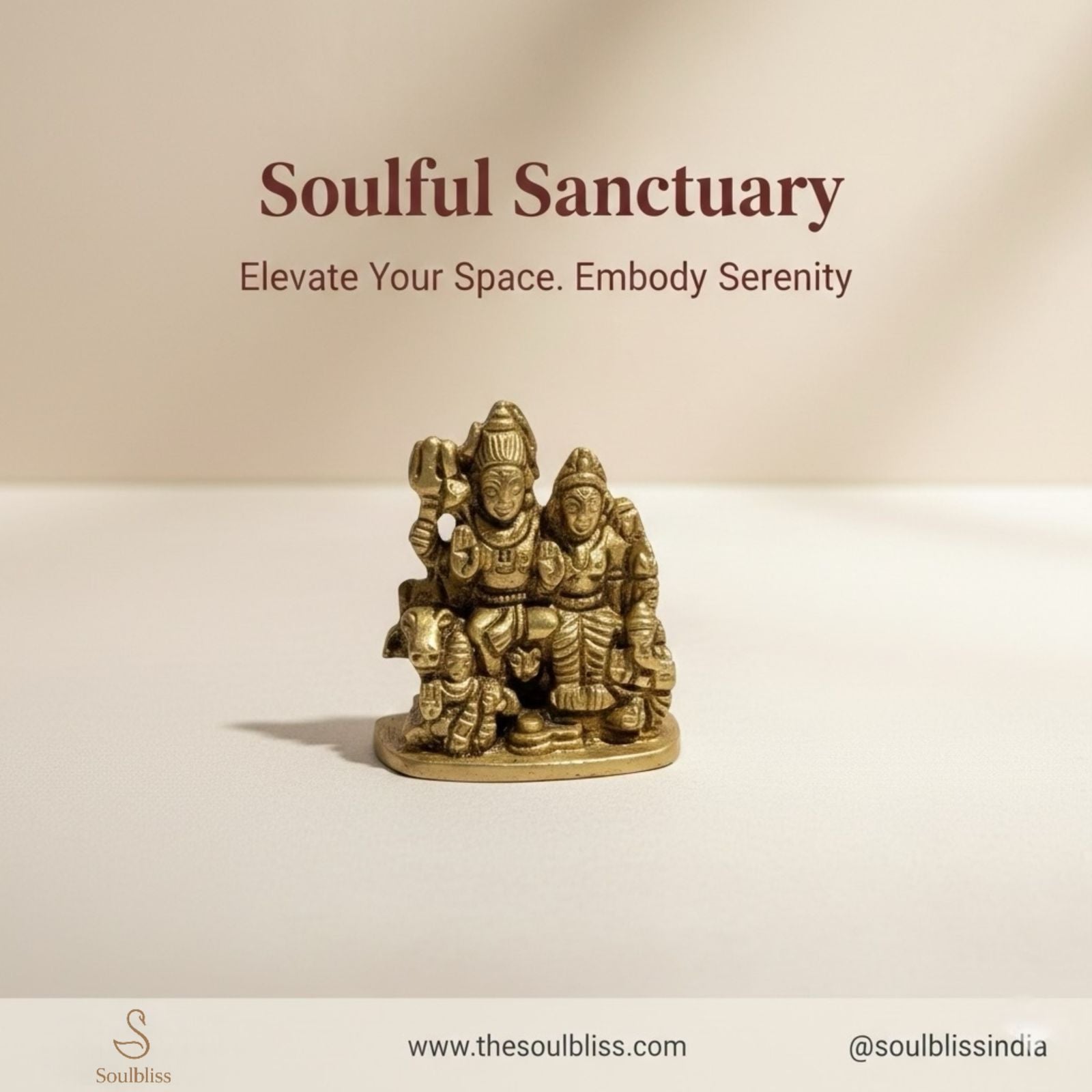 Brass shiv statue with text 'Soulful Sanctuary' on a beige background