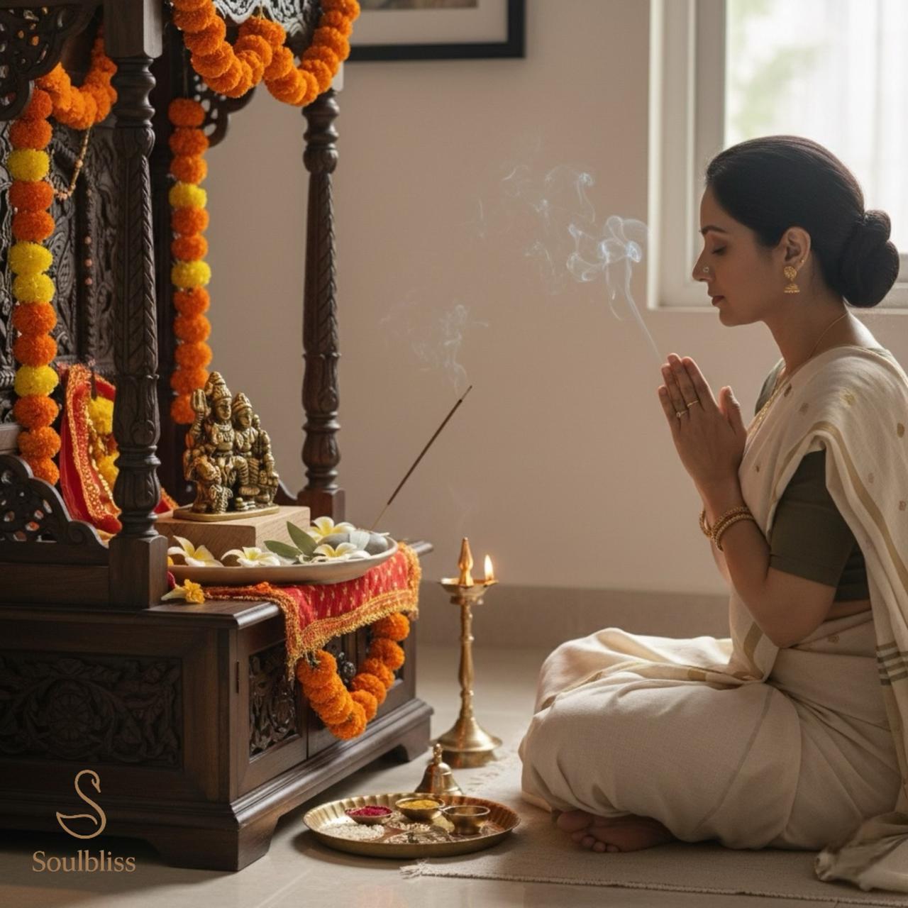 Woman in traditional attire performing a ritual with incense and offerings.