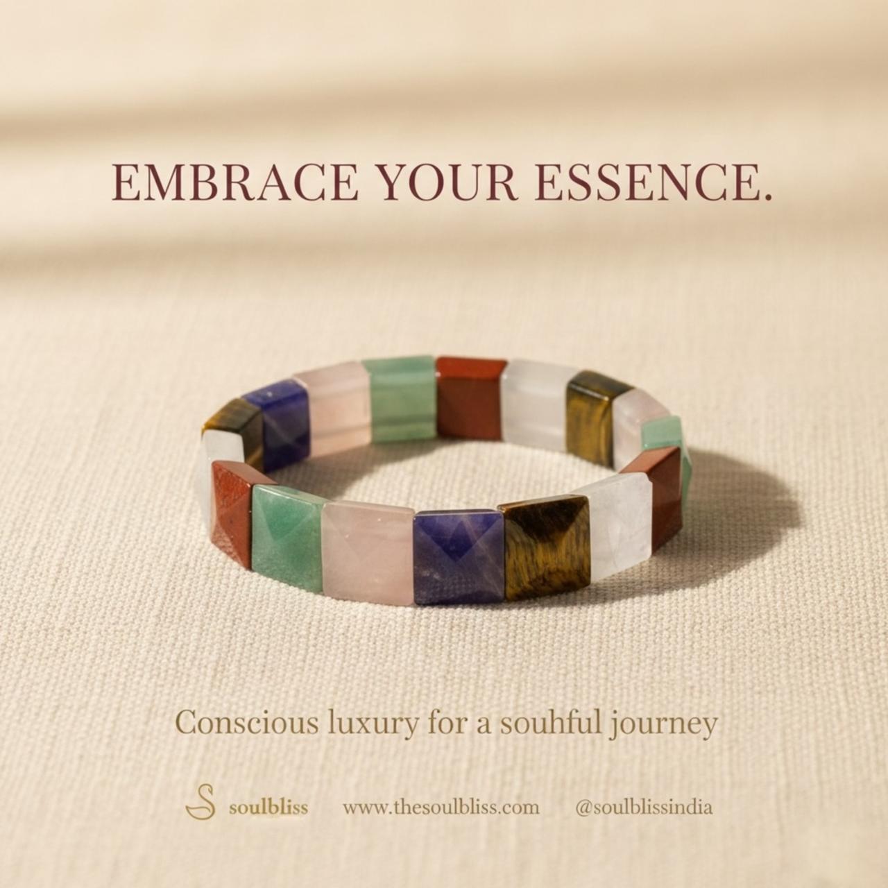 Multicolored gemstone bracelet on a beige background with 'Embrace Your Essence' text.