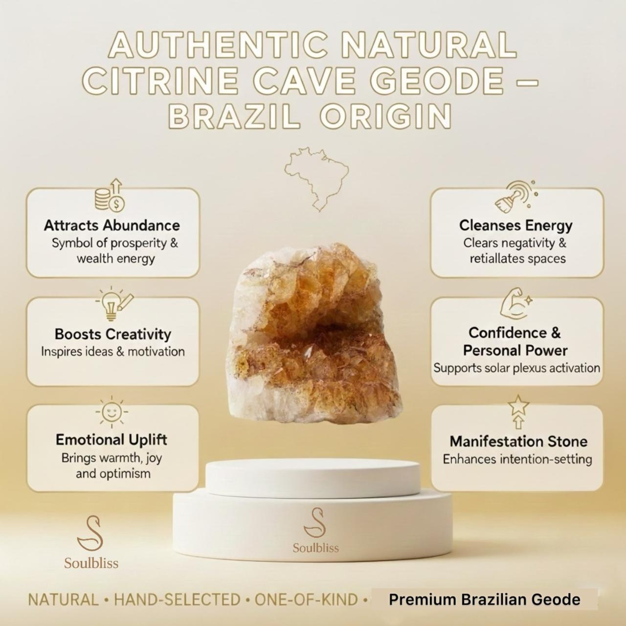 Citrine cave geode with its properties and benefits on a beige background