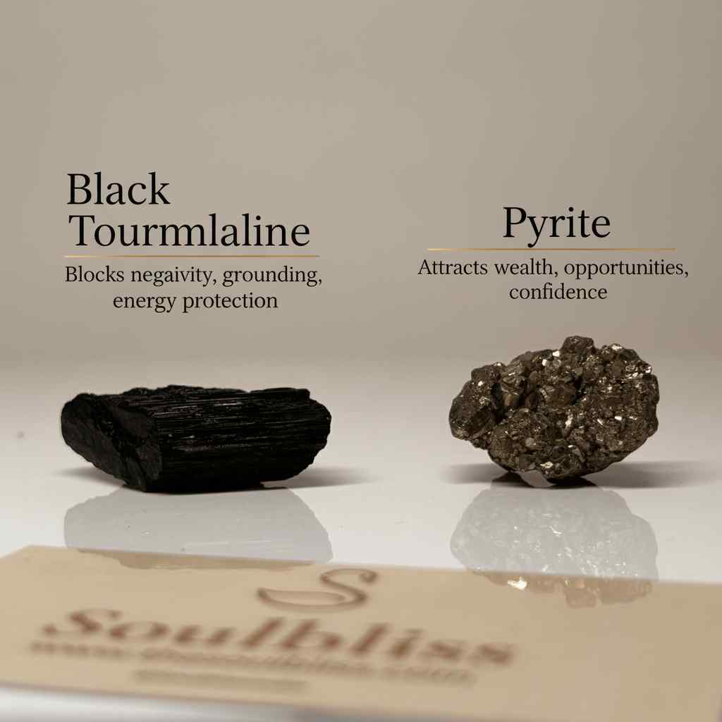 Black tourmaline and pyrite crystals with descriptive text on a beige background