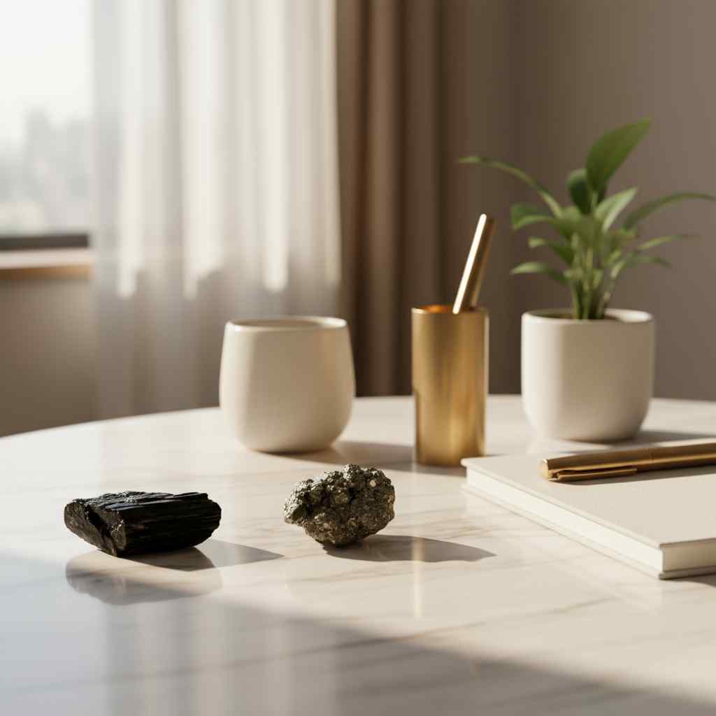 Decorative items on a table including a plant, books, and small sculptures with a neutral background.