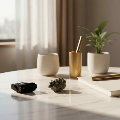 Decorative items on a table including a plant, books, and small sculptures with a neutral background.