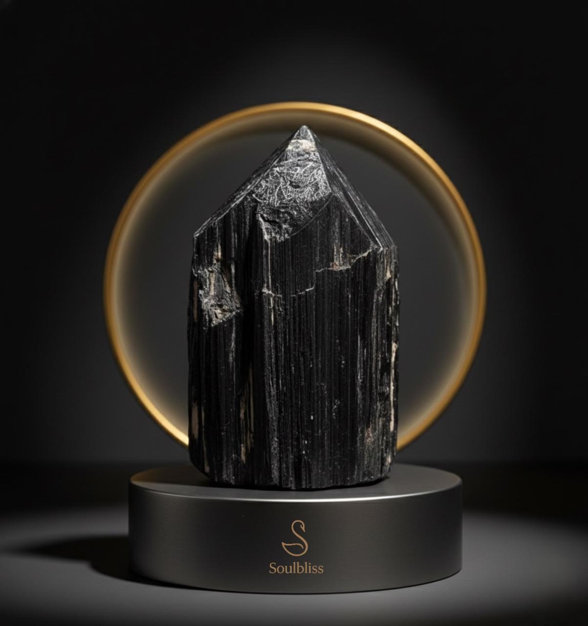 Black crystal on a black base with 'Soulbliss' branding against a dark background