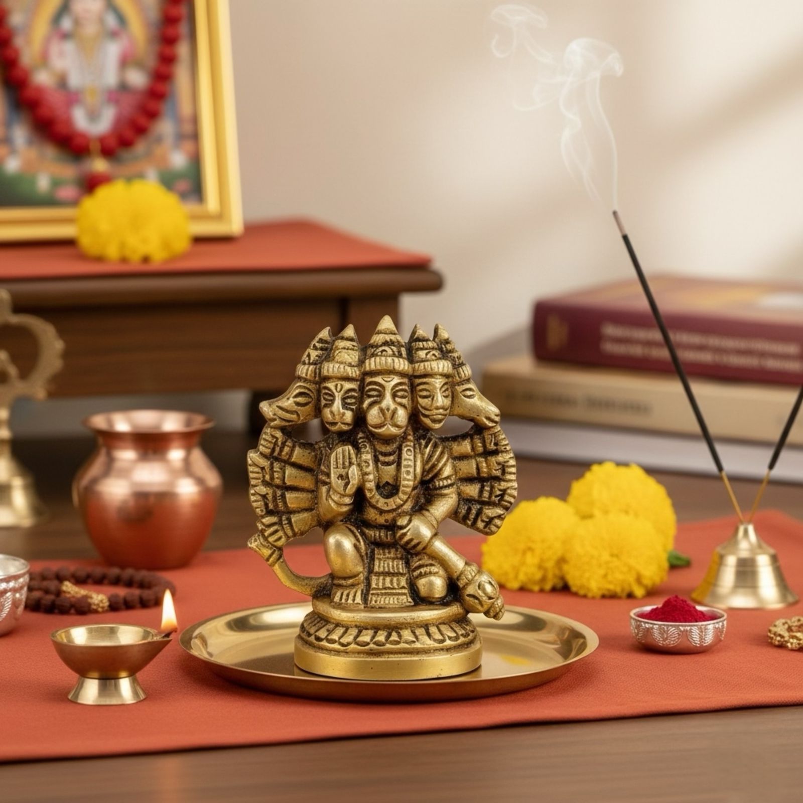 brass statue of panchmukhi hanumanji with incense sticks and flowers on a table