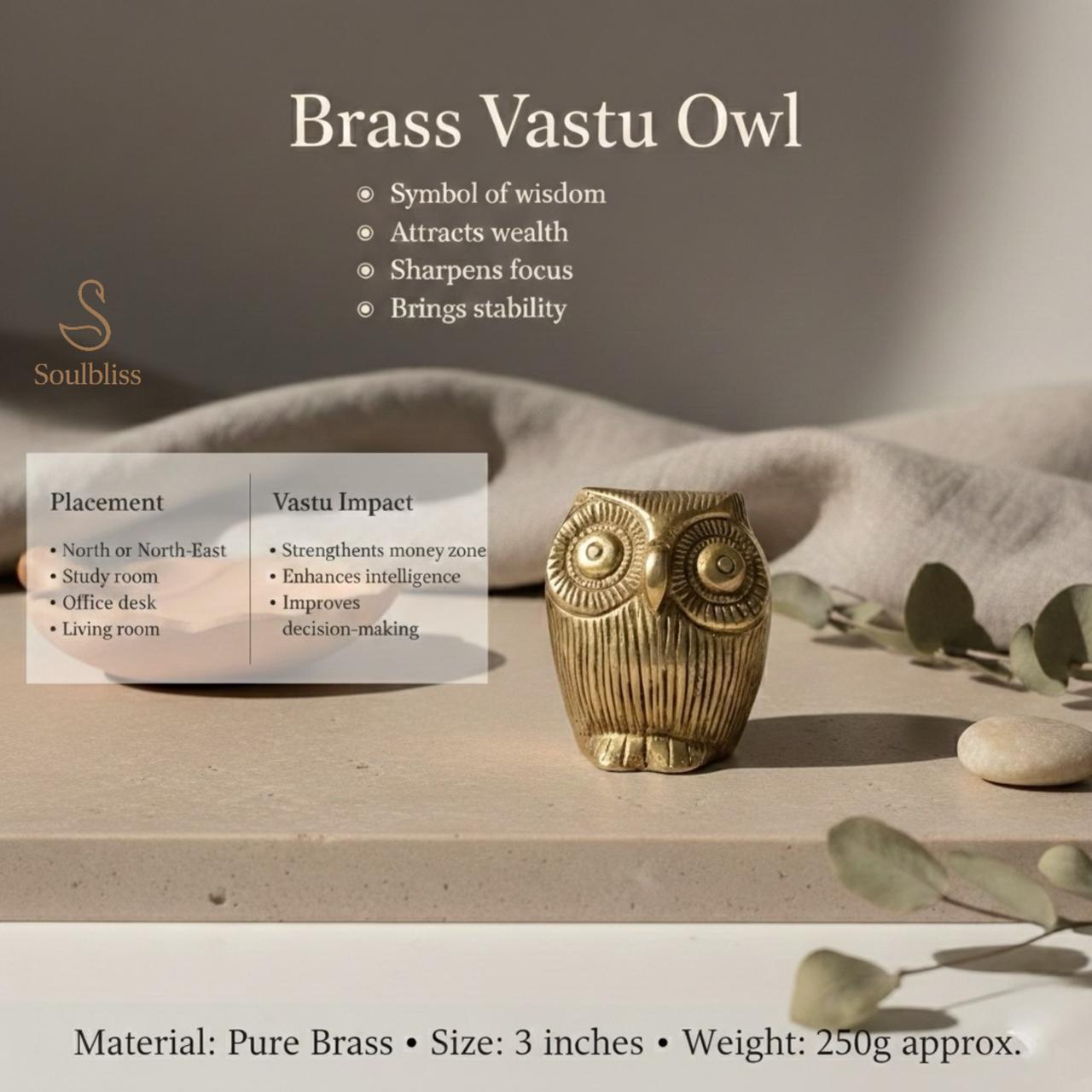 Brass Vastu Owl with descriptive text on a neutral background