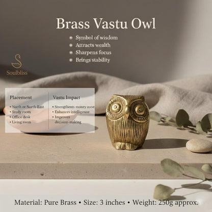 Brass Vastu Owl with descriptive text on a neutral background