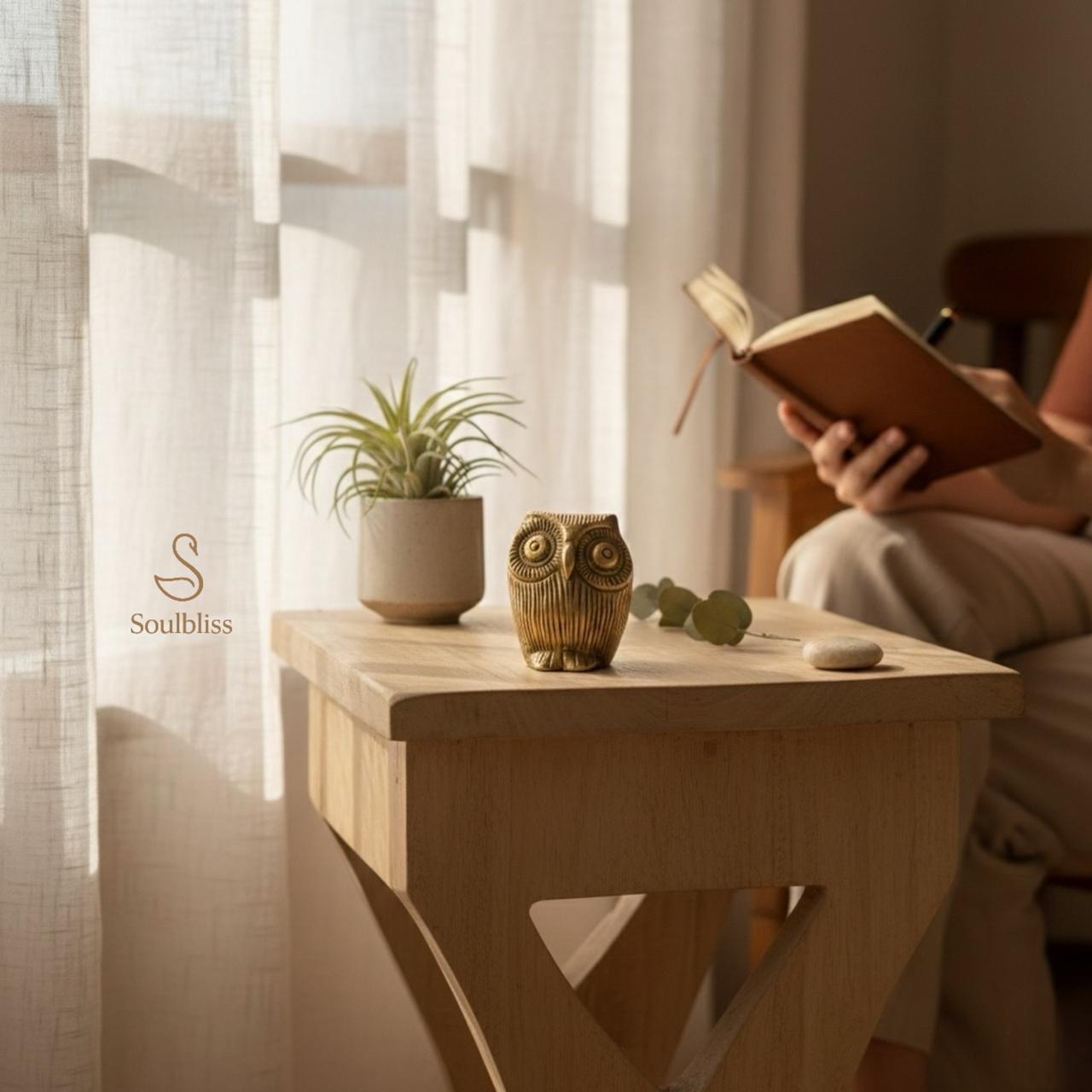 Person reading a book in a cozy room with a wooden table, plant, and vastu owl decor.