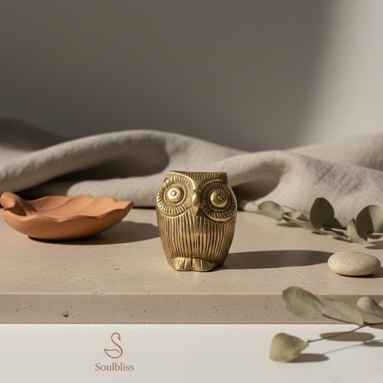 Brass owl on a wooden surface with a neutral background