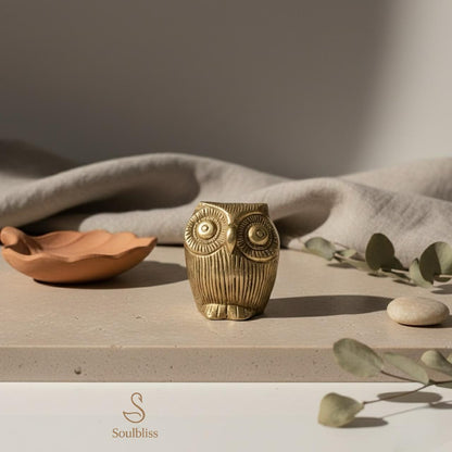 Brass owl on a wooden surface with a neutral background