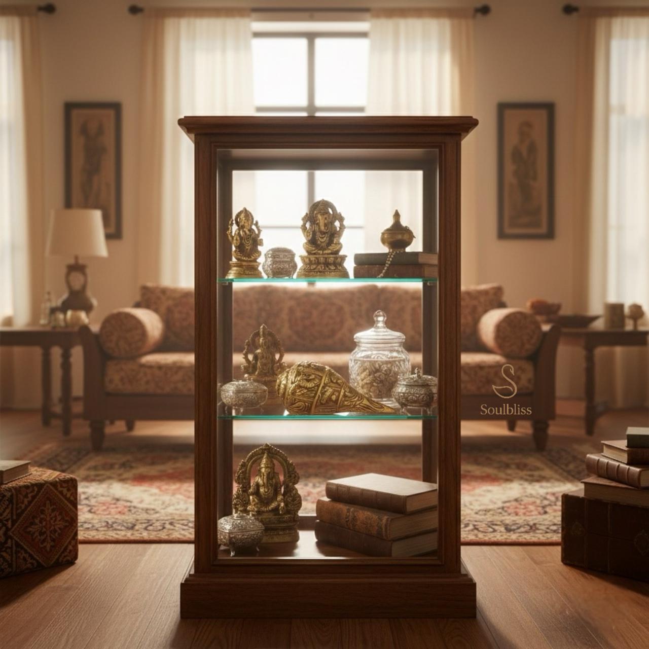 Wooden display cabinet with decorative brass vastu remedies items in a living room setting