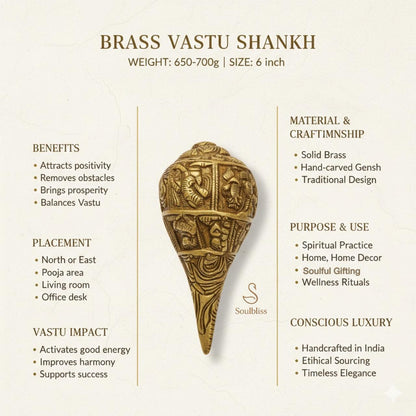 Brass Vastu Shankh with details on benefits, material, craftsmanship, and usage on a beige background.