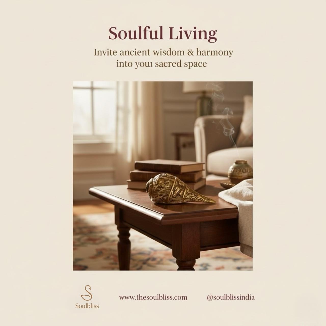 Decorative setting with books and a cornucopia on a wooden table, promoting 'Soulful Living' with text overlay.